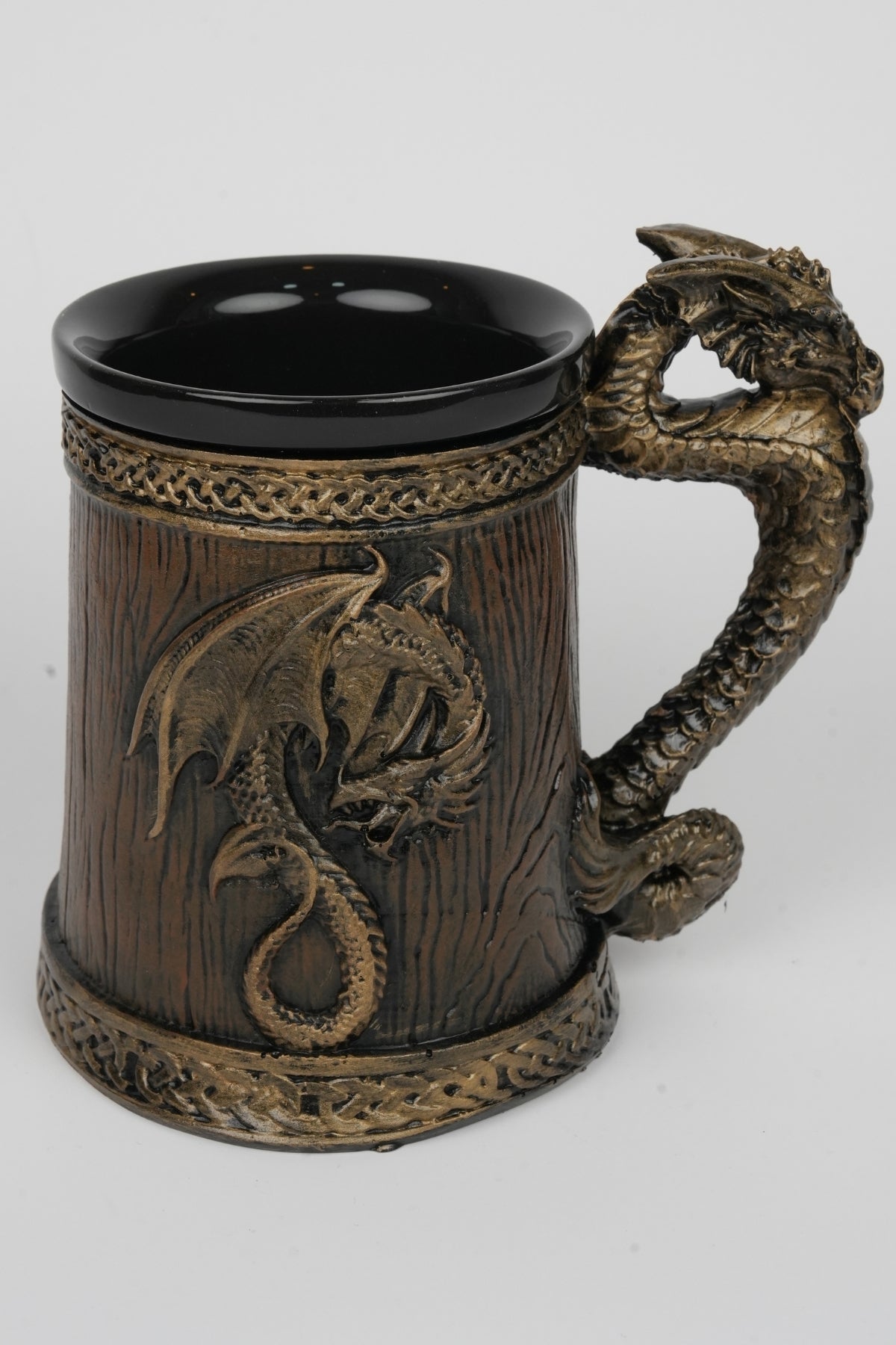 Dragon Mug with Wooden Barrel Design – Gold Dragon Handle Fantasy Cup | Viking Medieval Gift | Hot Cold Drink Mug | Dragon Lover Gift