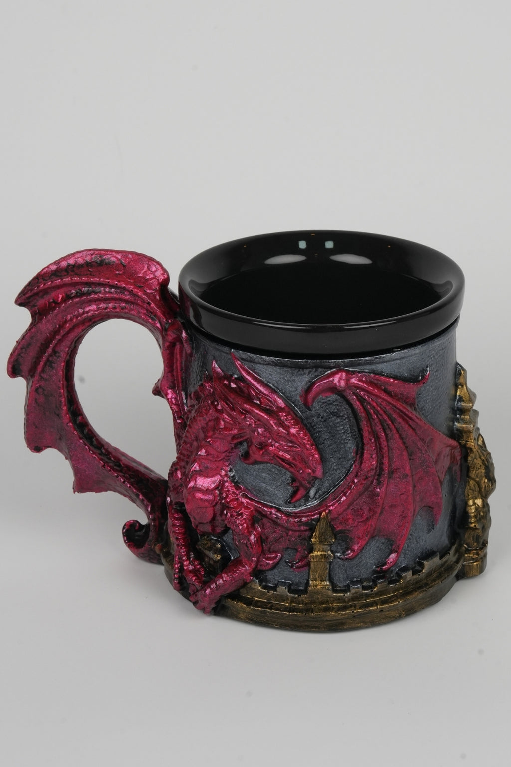 Red Metallic Dragon Mug - Medieval Resin Cup, Ceramic Insert