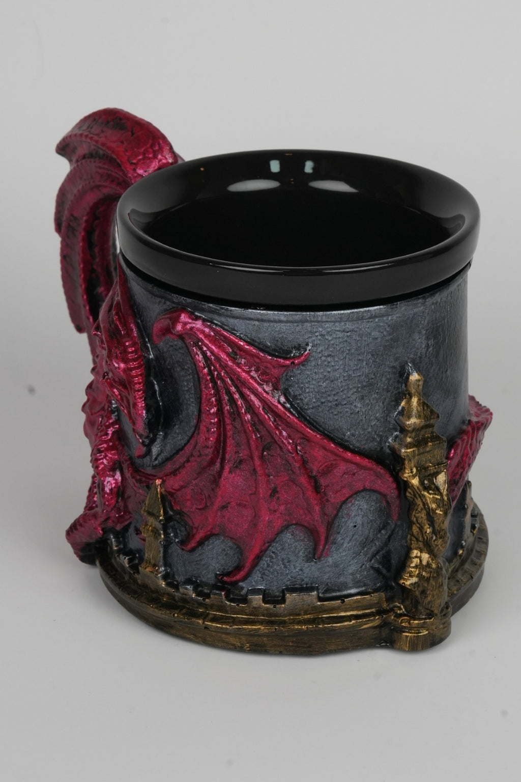 Red Metallic Dragon Mug - Medieval Resin Cup, Ceramic Insert