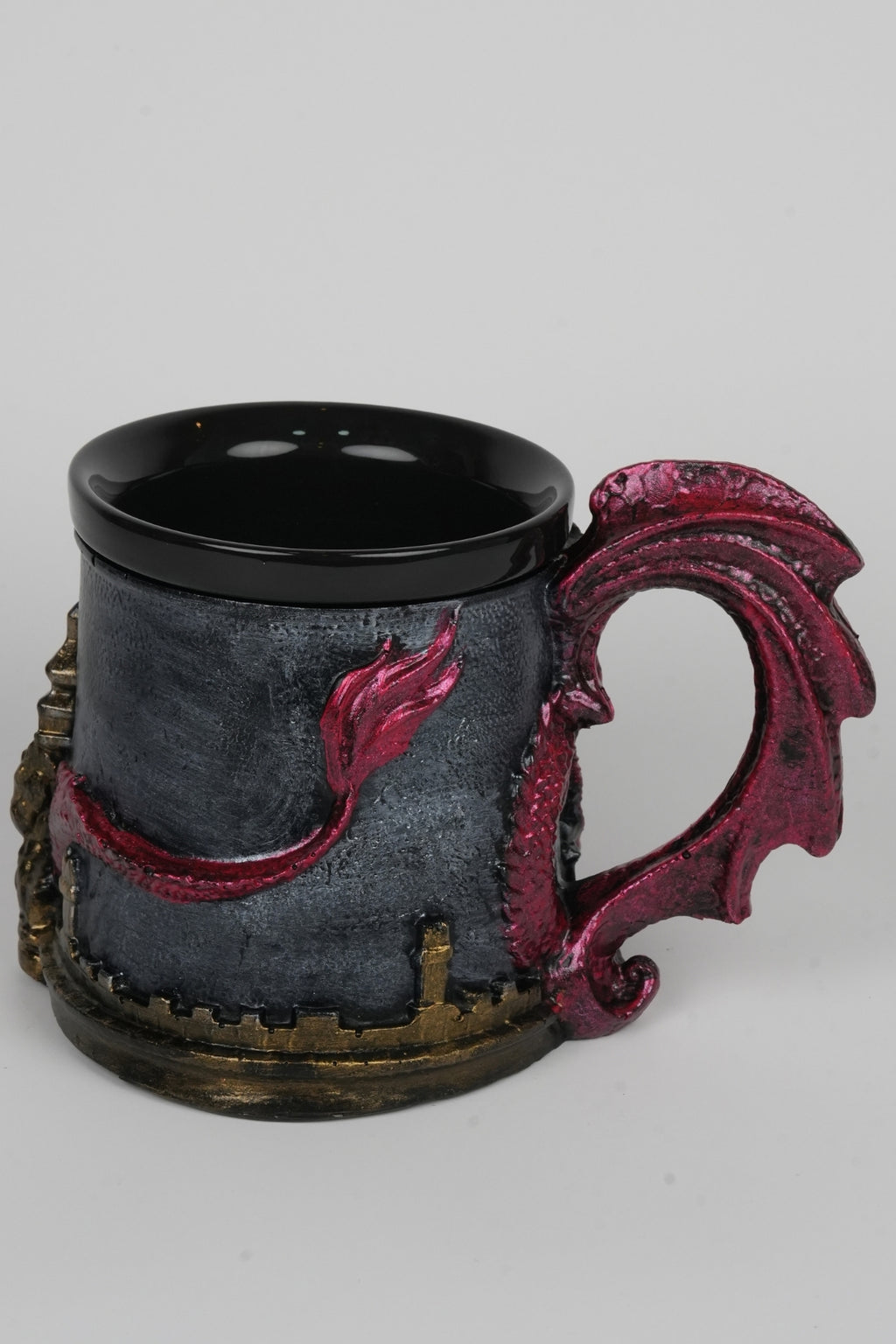 Red Metallic Dragon Mug - Medieval Resin Cup, Ceramic Insert