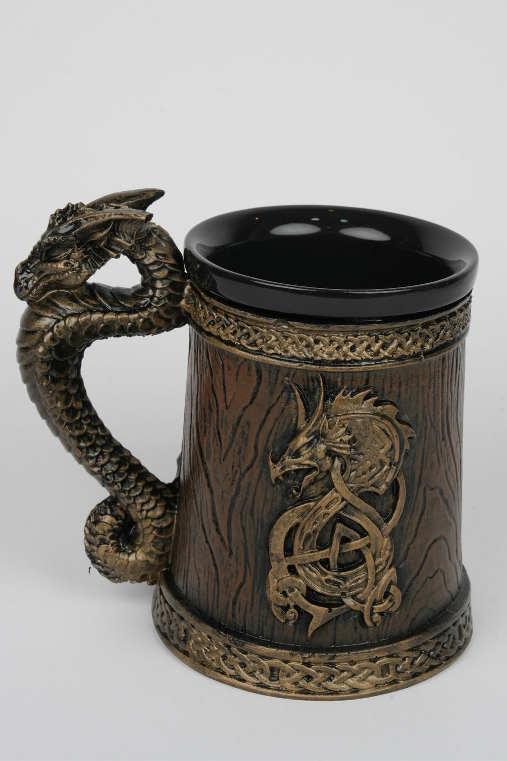 Dragon Mug with Wooden Barrel Design – Gold Dragon Handle Fantasy Cup | Viking Medieval Gift | Hot Cold Drink Mug | Dragon Lover Gift
