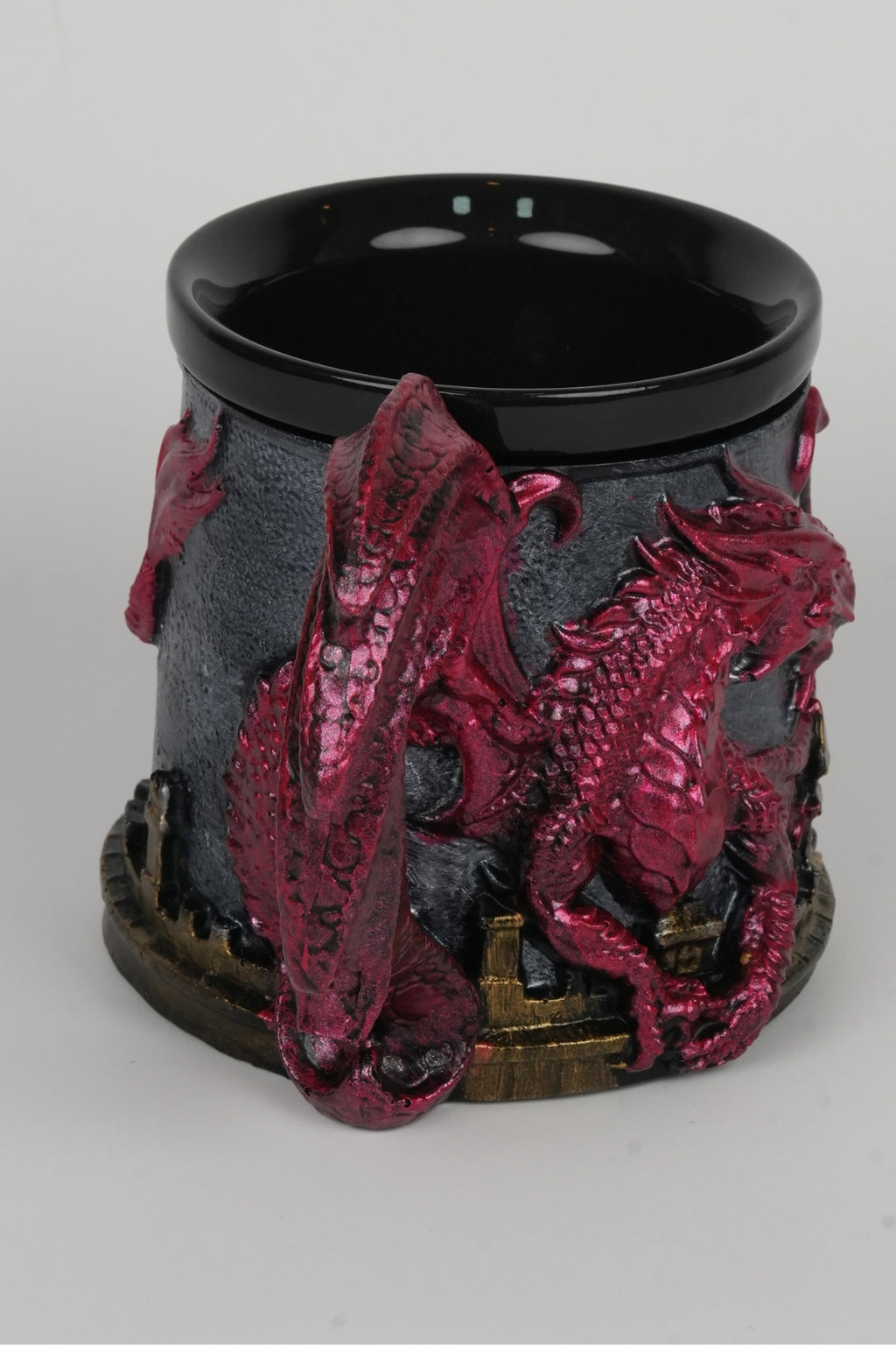 Red Metallic Dragon Mug - Medieval Resin Cup, Ceramic Insert