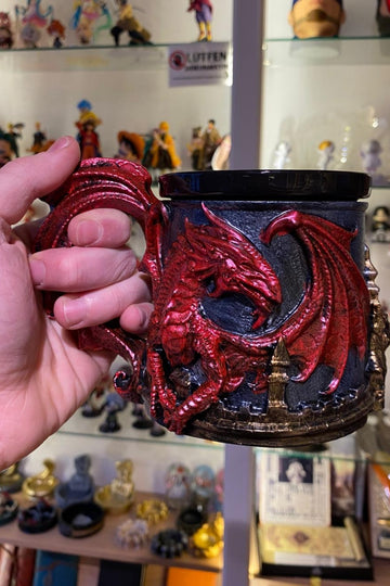 Red Metallic Dragon Mug - Medieval Resin Cup, Ceramic Insert